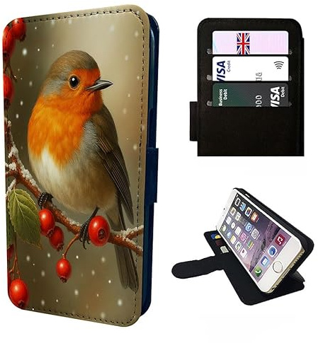 Festive Robin Wallet Phone Case Flip Cover Compatible with iPhone SE 7 8 X XR 11 12 13 14 15 16 16E 17 Plus Mini Pro Max – Faux Leather Christmas Robin Holly Print, Bird Lover Gift Black