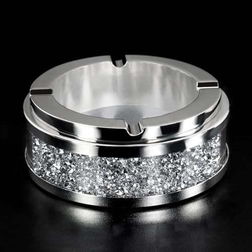 GINZER Ashtray, Cool Ashtrays for Cigarettes Outdoor, Cute Glass Ash Tray for Office Tabletop, Crushed Diamond Home Decor, Bling Crystal Decorative Ashtray for Smokers Indoor Use, Silver
