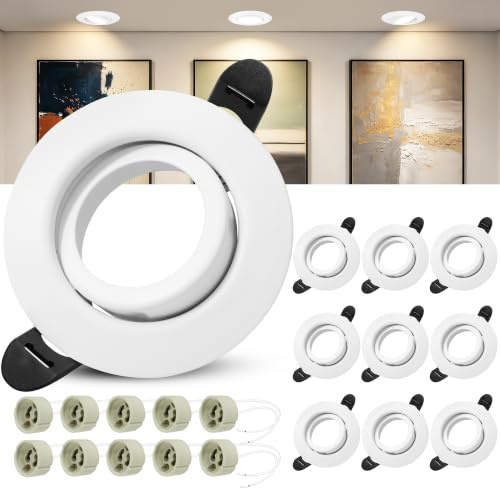 Laiebri 10er Einbaustrahler GU10 Set, 45° Schwenkbar Einbaurahmen 68mm mit GU10 Fassung, Rund LED Spots 230V Ultra Flach Deckenspots Weiß, Einbauspots Einbauleuchten Rahmen für LED oder Halogen