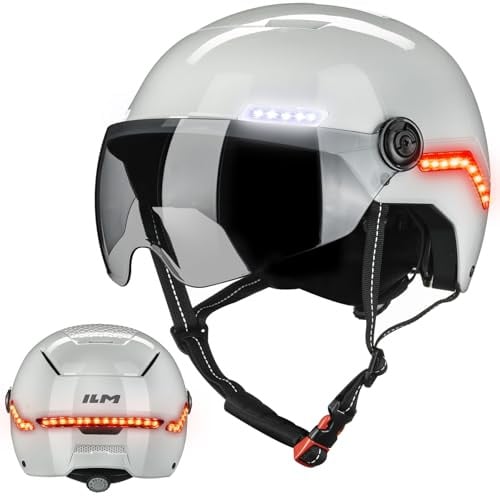 ILM Fahrradhelm Herren Damen mit Visier und LED Licht Beleuchtung Automatischem G-Sensor für Blinker Bremswarning Modell MB101L