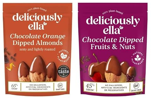 Deliciously ella Chocolate Orange Dipped Almonds and Chocolate Dipped Fruits & Nuts, 100% Plant-Based, Dairy Free