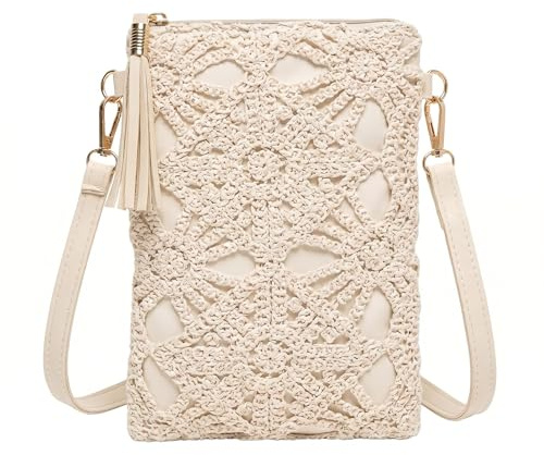 LEBKFT Women's Crochet Phone Bag Crossbody, White Hollow Flower Straw Beach Bag, Small Woven Shoulder Purse for Summer Travel PU Leather Mini Handbag with Adjustable Strap