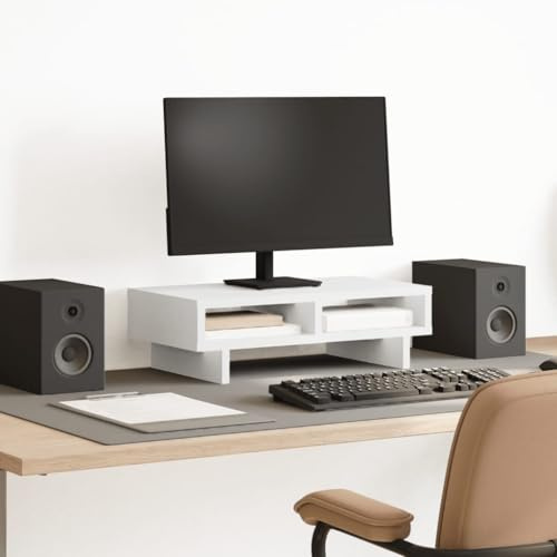 Ordellia Weißer Monitorständer aus Holzwerkstoff 50 x 27 x 15 cm, 2 Fächer, 25 kg Tragkraft, für Schreibtisch, Büro und Homeoffice mit Ordnung und ergonomischer Auflage