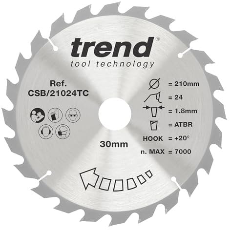 Trend Wood Cordless ATBR Circular Saw Blade, 210mm Diameter, 30mm Bore, 24 Teeth, 1.8mm Kerf, +20° Hook, TCT, Coarse Finish, CSB/21024TC