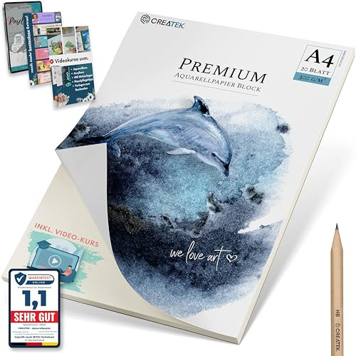 CreaTek Aquarellpapier A4 300g mit 20 Blatt [ Rundum geleimt für Profis ] Naturweiß & Kaltgepresst Aquarellblock A4 300g inkl. Gratis Zubehör & Videokurs - 4-seitig geleimtes Aquarell Papier A4