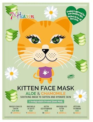 7 th Heaven - Mascarilla de Tela Calmante - Kitten Face Mask - 1 Ud. - Limpieza e Hidratación Facial - Enriquecida con Pepino y Aloe Vera - Diseño de Gato - Todo Tipo de Pieles - 100% Vegana