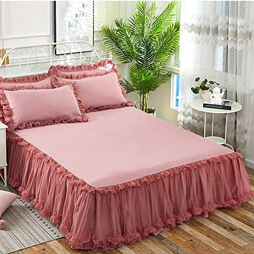 Bettvolant Bettrock Tagesdecke Ruffle Bettüberwurf Spitze Rüschen Bett Rock 3PCS Sets Bettwäsche Prinzessinnen-Stil,Red-150X200CM