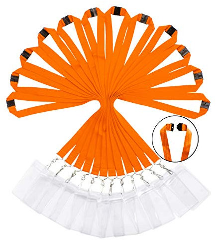 Packung mit 12 strapazierfähigen Polyester Lanyards mit Sicherheitsverschluss & wasserdichten transparenten Kartenhaltern - Verfügbar in Regenbogen-Mix & einfarbigen Farben, Orange+Kartenhaltern