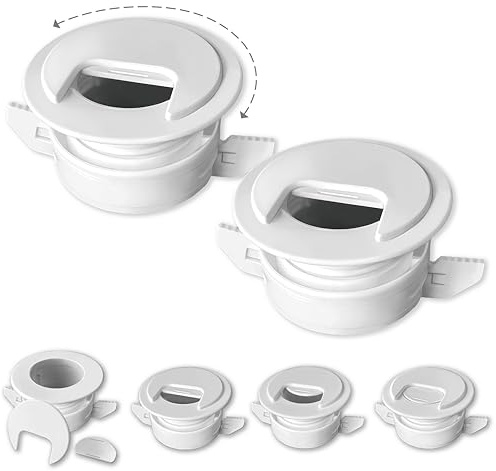 2PK White Patented: Only Cable, Wire, Cord Management Tool-Free Self-Securing/Locking Grommet and with Cap Slider, for Walls, Ceilings, Desks - Used for All Surfaces 3/8 to 1 Thick. Made in USA