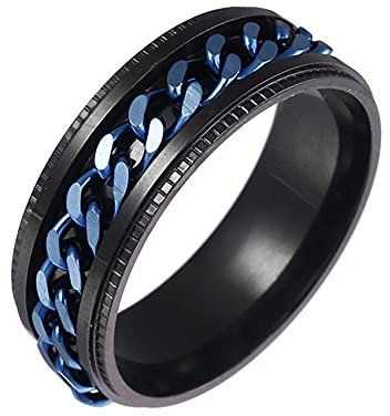 Yifnny Spinner Ring, Edelstahl Kette Spinner Ring Zappel Ring Verflechtungs-Spins Ring mit Gerillter Kante Coole Daumenring Schwarz Spinner Ringe für Damen Herren (Blau, 7)