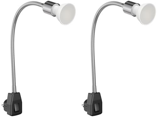 ledscom.de 2 Stück Steckdosenlampe LESCH Leselampe Schwanenhals, Schalter, chrom/schwarz + LED Lampe 450lm warm-weiß