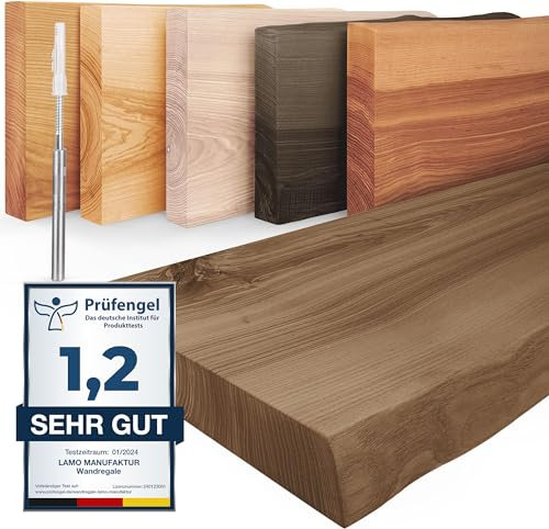 LAMO Manufaktur Wandregal Holz Baumkante | Regal Farbe: Nussbaum | Invisible: Schweberegal | 100 cm