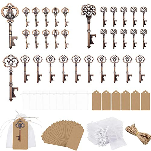 GEERDAN 30 Stück Schlüssel Flaschenöffner mit Kraftpapier Geschenkanhänger für Partyzubehör, Hochzeit Gefälligkeiten antike rustikale Party Dekoration (Bronze)