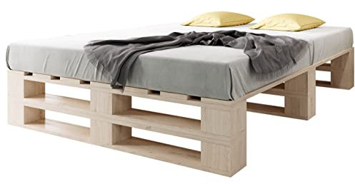 sunnypillow Palettenbett M2 aus Holz 200 x 200 cm mit Lattenrost, Doppelbett, Familienbett - erhöhtes Ehebett Bettgestell Futonbett Komforthöhe Naturholz Massivholzbett