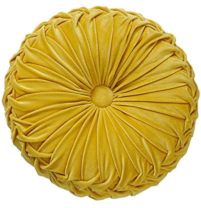 NatureMan Rundes Sofakissen, 34,8 cm, reiner Samt, Heimdekoration, plissiertes rundes Kissen, Kürbiskissen, geeignet für Zuhause, Bett, Auto, Dekoration (gelb)
