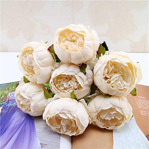 ABCWARRT Soie Artificielle Pivoine Bouquet Fleurs Décoration 7 Têtes Rose Bleu Rouge Blanc Artificielle Faux Pivoines Fleurs Décor À La Maison (Champagne)