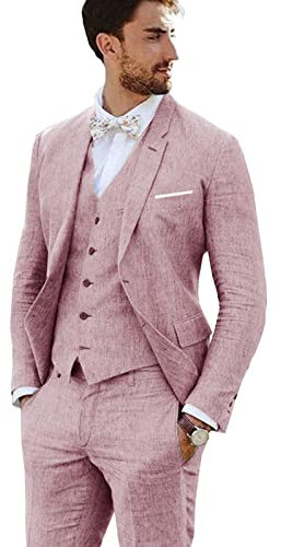 Furuyal Abito in lino 3 pezzi vintage retrò abiti da ballo da sposa slim fit giacca blazer sposo smoking, Rosa, L