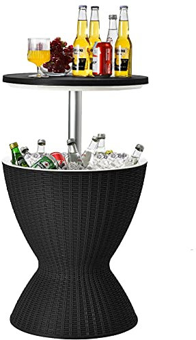 LARIAU 30 l Eiskübel, Eiskübel mit Ablaufstopfen und Deckel, anhebbarer Beistelltisch mit Sockel, Rattan-Optik, multifunktional, wetterfest, tragbar, 75 kg Tragfähigkeit, für Pool-Party-Grillen