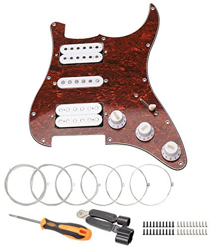 Unxuey 11 Hole Loaded Prewired Pickguard Guard Plate with White HSH Pickup Parts for Fender Strat Guitar, with Guitar Strings and Installation Tool