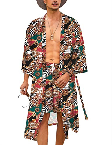 COOFANDY Kimono-Bademantel für Herren, mit Shorts, leicht, 2-teilig, japanischer Bademantel, lässig, offen, lange Strickjacke mit Gürtel