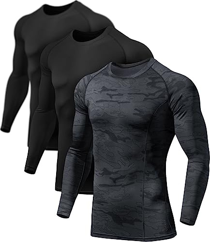 ATHLIO Men's UPF 50+ Long Sleeve Compression Shirts, Water Sports Rash Guard Base Layer, Athletic Workout Shirt, 3pack Black/Urban Camo, X-Large