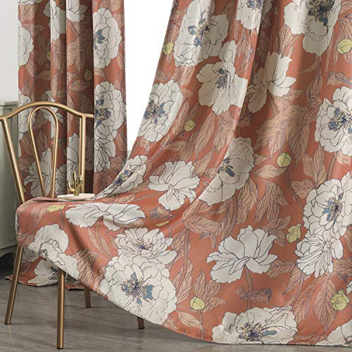 Taisier Home 132 x 183 cm Verdunkelungsvorhänge – Leinenoptik mit Blumenmuster, Ösenaufhängung, wärmeisolierend für Wohnzimmer oder Schlafzimmer, 2 Paneele, Orange