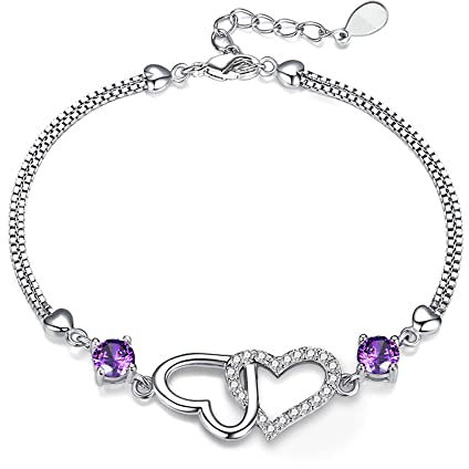 ASH'S CHOICE Armband Damen, Sterling Silber Armband Herz Doppel Liebe Zirkonia Lila Verstellbares Armband Muttertag Geburtstags Weihnachten Bijoux für Damen Frauen Freundin Mama
