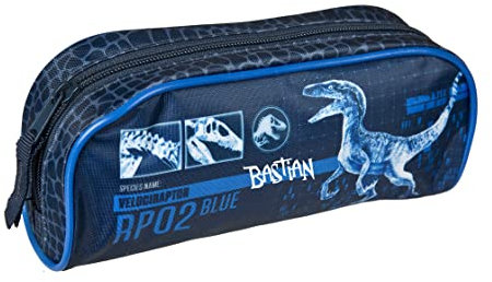 Personalisiertes Schlampermäppchen mit Namen Junge | Jurassic World Dinosaurier in blau |Schüleretui Stifteetui mit T-Rex Dino | Faulenzer Schlamper für Schule und Freizeit