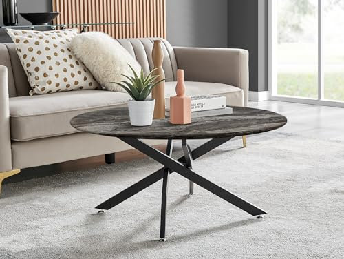 Furniturebox UK Novara Glass Dark Marble Effect Round Coffee Table - Semi Matte Black Metal Legs In Stylish Nested Starburst Design - Modern Living Room Furniture for Contemporary Homes