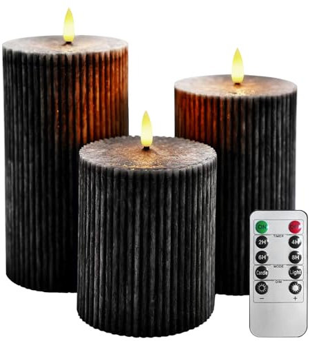 AnnSpa 3 Set Schwarz LED Kerzen Vertikale Streifen Batteriebetriebene mit Fernbedienung,Flammenlose Echtes Wachs Flackern Moving Wick Flackern Amber Yellow Light Pillar Candles,Unscented Wachs