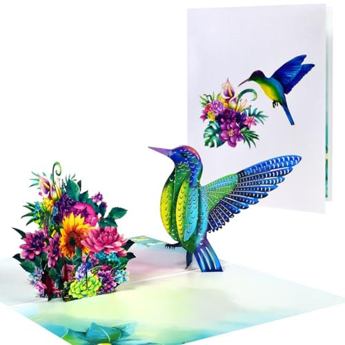 CNLITIHEKA 3D Kolibri Pop Up Karte Happy Birthday Karten Mutter-/Vatertagskarte Jahrestag Valentinstag Dankeschön Thinking of You Geschenk mit Umschlag und Blanko Notiz.