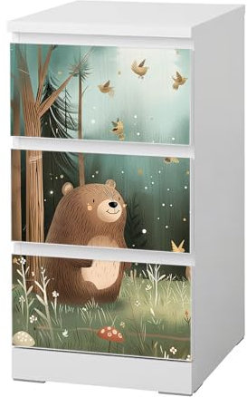 Sunnywall® Möbelfolie passend für IKEA Malm Kommode Schrankfolie Aufkleber mit Kleiner Bär im Wald Motiv | blasenfrei verkleben | Kinderzimmer 3er 40 cm