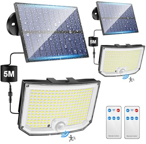 PIKOY Solar Lights Outdoor Garden[2 Packs],238LED 2000LM Solar Garden Lights,3 Mode Remote Security Lights Motion Sensor,2200mAh Outdoor Wall Lights,IP65 Garden Lights Solar Powered Waterproof