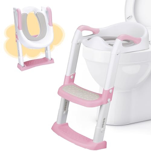 DEANIC Potty Training Toilet Seat, Toddler Toilet Seat and Step for Boys Girls, Kids Toilet Seat with Ladder, Splash Guard Toilet Steps with Soft Cushion for Toddlers Childs (Pink)