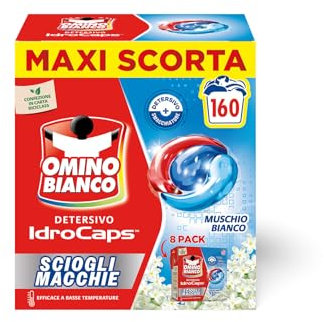 Omino Bianco Idrocaps - Detersivo Lavatrice In Capsule Sciogli Macchie, 160 Lavaggi, Efficace a Basse Temperature, Profumo Muschio Bianco, 20 Caps x 8 Confezioni