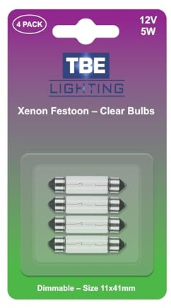 TBE LIGHTING Replacement 239 C5W Festoon Bulbs - Xenon Lights for License Plates & Car Interior Lighting. Clear Glass Finish -12v / 5w / Dimmable S8.5D Energy efficient Bulb Pack of 4