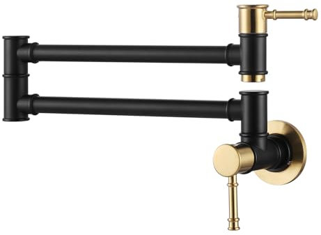 Topffüller Wasserhahn Schwarz Gold Wandhalterung Herd Wasserhahn für Küchenspüle, Messing Küche Topf Wasserhahn über Herd, Topffüller Klapphahn mit Einloch 2 Griff