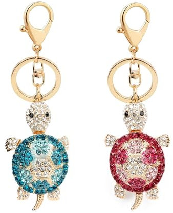 VIDSTW 2 Pièces Porte-Clés Tortue, Brillant Porte Clé Avec des Strass, Petit et Léger, pour la Décoration de Sac, Breloque de Portefeuille, Décoration de Bagages, Bleu, Rose
