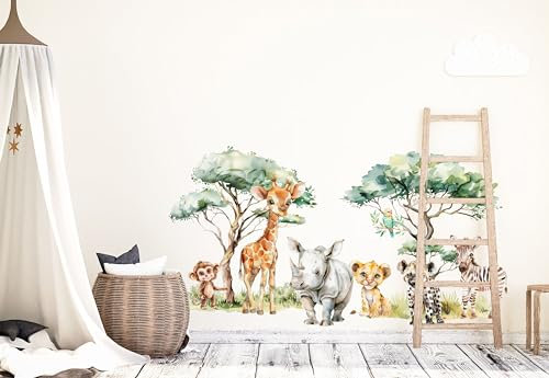 wolga-kreativ Wandtattoo Kinderzimmer - Safari Tiere Baum Giraffe Nashorn Löwe | Wandsticker für Babyzimmer | Kinderzimmer Deko | Kindergerechte und nachhaltige Wandtattoo Kinderzimmer Mädchen Jungen