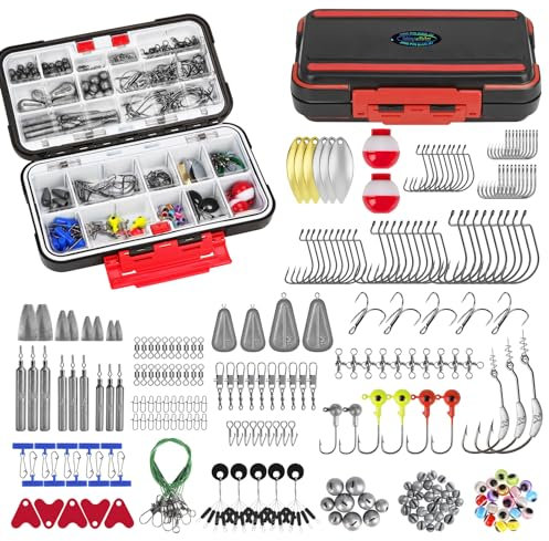 THKFISH 248-teiliges Angelzubehör-Set, Angelausrüstungsbox mit Angelzubehör, inklusive Angelgewichten, Senker, Haken, Wirbel, Druckknöpfe, Angelausrüstungs-Set für Barsch, Forelle, Angelzubehör,