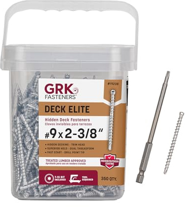 GRK Fasteners Deck Elite #9 x 2-3/8 Hidden Deck Screws, 350 PCS, with Dual Thread Form, Superior Clamping Force, Outdoor Decking Fasteners, Drill Point Tip, Star Drive Recess, T-15 Bit Included