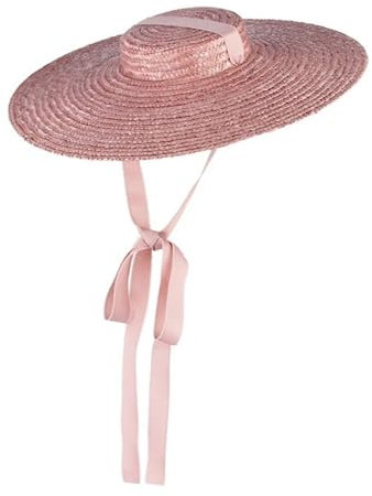 Chapeau de paille pour femme - Chapeau d'été à large bord plat - Chapeau de paille d'été pour femme - Chapeau de plage en ruban - Chapeau de soleil tendance avec mentonnière, rose, taille unique