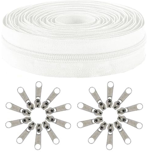 Amykite Chiusura lampo infinita per biancheria da letto, chiusura lampo da 8 mm, 10 m, al metro con 20 cursori in metallo, #8 nylon con cerniera bianca, per borse, vestiti, biancheria da letto, ecc.
