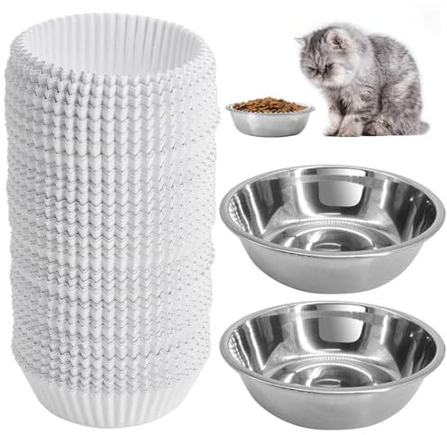 Disposable Cat Food Bowls Set, Pets Feeding Bowls Includes 300PCS Cats Food Small Paper Bowl & 2PCS Stainless Steel Bowl, Cat Plates Feedings Dish Liner Bulk for Wet Foods Cats Dogs Feeding Station