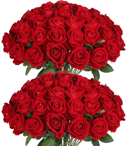 Jefuzh 50 PCS Fake Red Roses, Artificial Red Flowers Bulk Realistic Silk Faux Rose with Stems for Wedding Decoration Anniversary Bridal Bouquet DIY Floral Arrangement Romantic Home Decor Gifts