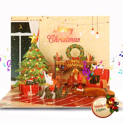 Ecloverlife Weihnachtspop-Up-Karte mit Musik und Lichtern für Damen und Herren (rot)