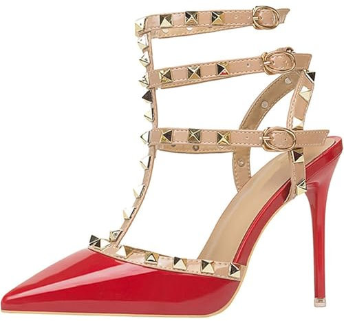 SPONYBORTY Scarpe da donna con cinturino alla caviglia borchiato Tacchi alti a spillo con cinturino a T borchiato Punta chiusa Slingback Abito da sposa Comode scarpe décolleté 10 cm stivali/D/35EU
