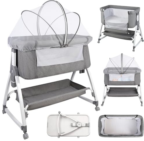 Supfine Cododo 3-in-1 Kinderbett Cododo mit Matratze und Moskitonetz, Höhenverstellung, Mobile Babywiege für Neugeborene/Säugling, Cododo-Bett mit Aufbewahrungskorb (Grau, 80 * 40 * 100-116cm)