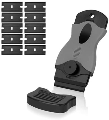 Plastic Scraper with 10 Replacement Blades, Multi-Purpose Window Scraper and Hob Scraper for Removing Stickers, Decals, Glue from Glass, Floors, Ceramic Surfaces, Easy Grip Handle(Black)