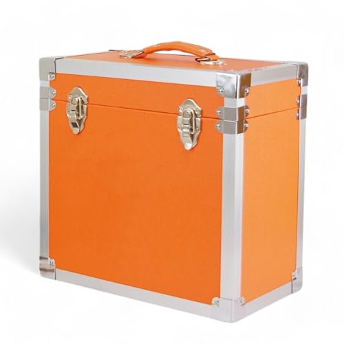 Steepletone 12 Vinyl Record Storage Box Case, with Carry Handle, Faux Leather Finish with Metal Edge, Holds up to 45 LP's (Orange)